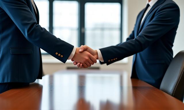 Two professionals shaking hands in a bright boardroom