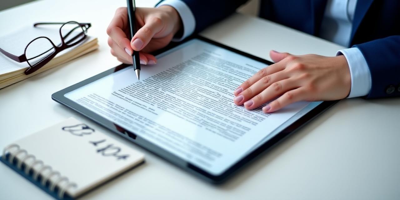 A legal professional reviewing a document with a stylus on a tablet in a modern office