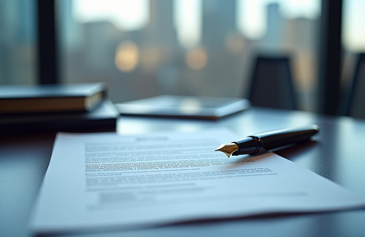 Close-up of a high-quality legal contract and fountain pen in a modern London law office