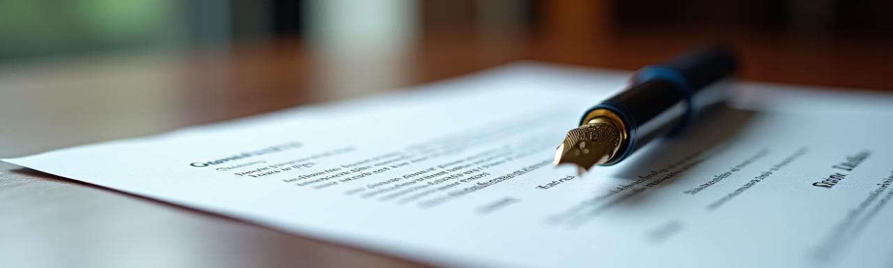 Close up of a legal professional reviewing a signed contract with a fountain pen
